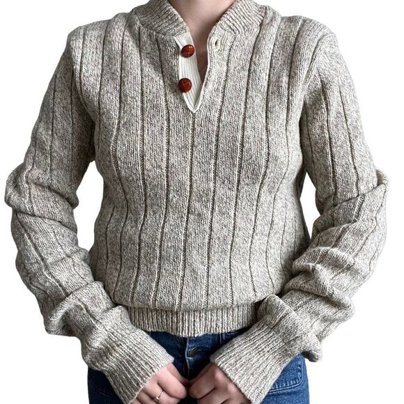 Vintage Mens 1970s Beige Chunky Knit Wool Blend Fisherman Henley Sweater Sz L - Picture 4 of 8